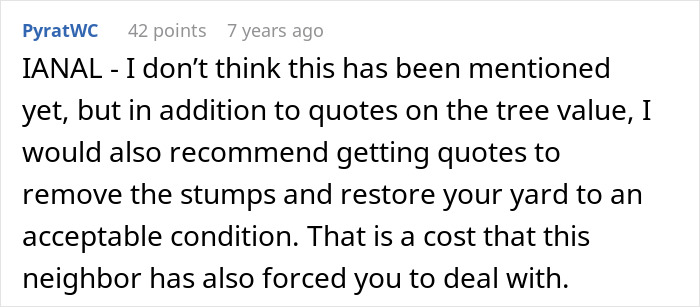 Comment discussing legal advice on tree value and yard restoration after neighbor cuts down white oak trees without permission settlement