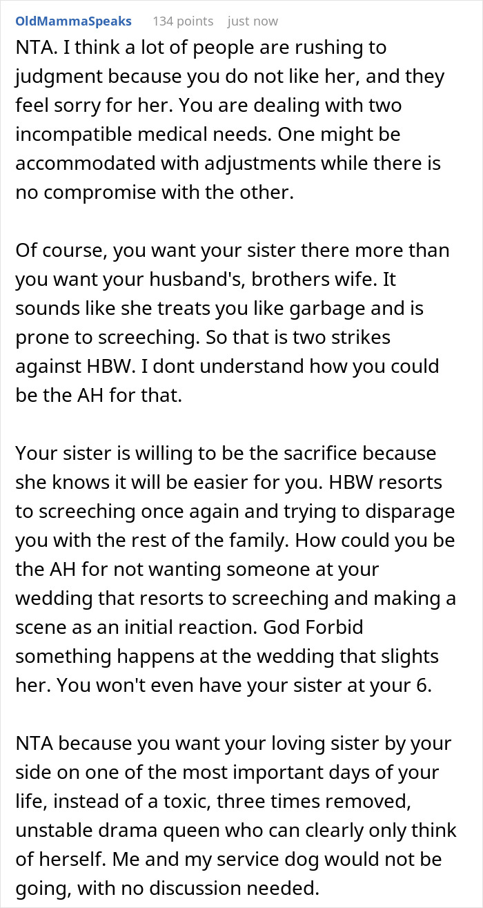 Text post discussing refusing sister-in-law’s service dog at wedding due to incompatible medical needs and family drama concerns Text post discussing refusing sister-in-law’s service dog at wedding due to incompatible medical needs and family drama concerns