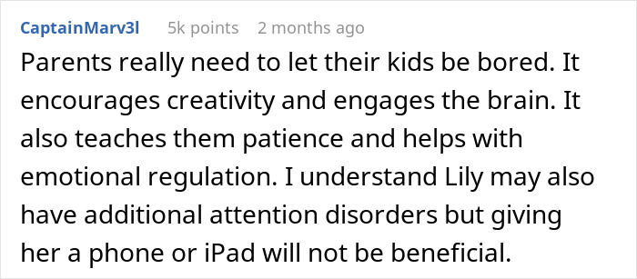 Comment discussing parenting advice, mentioning sister accuse favoring nephew niece and concerns about phone use for children.