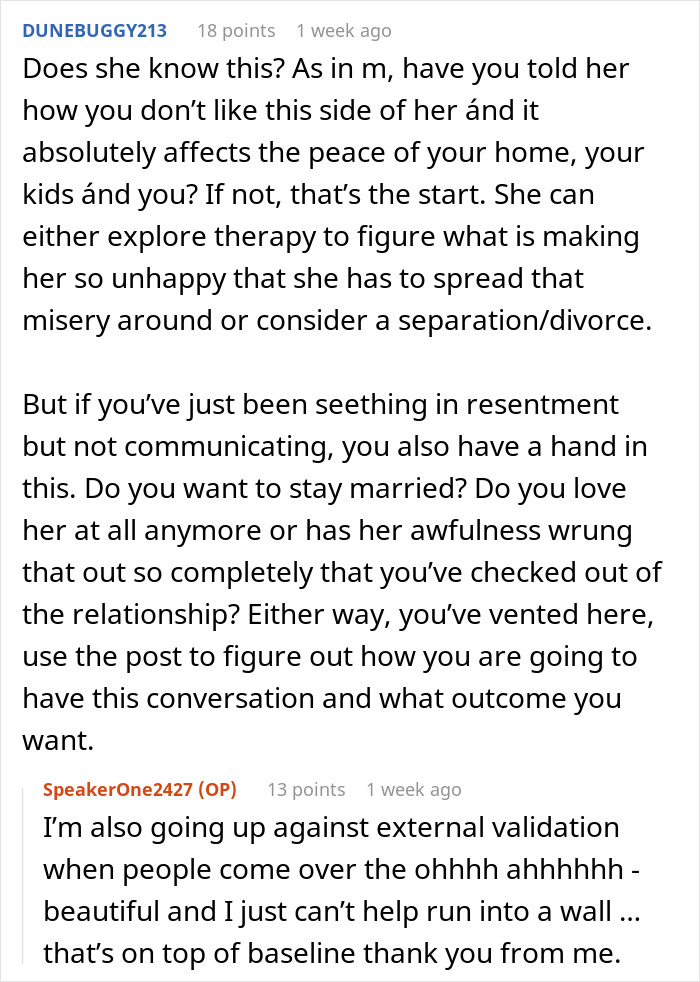 Comment discussing approaches to handle a wife turned mean once got money, focusing on communication and therapy options.