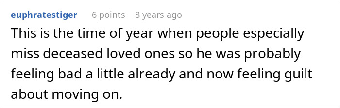 Comment discussing feelings of guilt about moving on after the loss of deceased loved ones during the year.