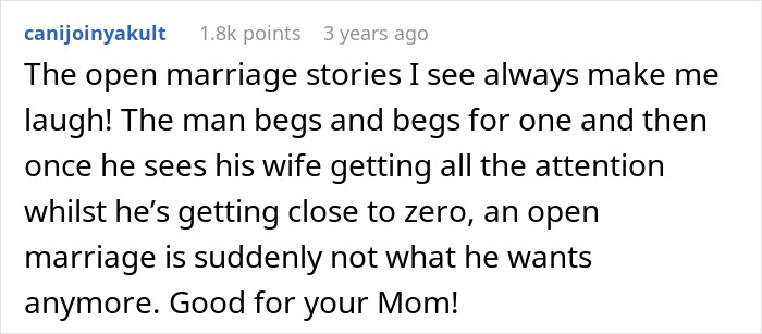 Comment text about open marriage stories highlighting frustrations when one partner reacts negatively after agreeing to it.