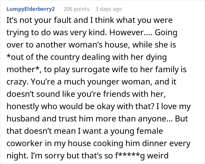 Comment discussing a woman helping a struggling coworker while his wife copes with her mother’s death, mistaken for a mistress. Comment discussing a woman helping a struggling coworker while his wife copes with her mother’s death, mistaken for a mistress.