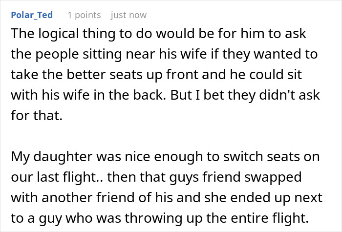 Comment discussing family eyes passenger's paid seat and seat swapping issues during a flight journey.