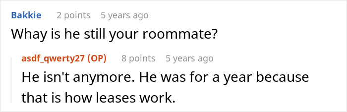 Online conversation discussing a guy&rsquo;s roommate stealing leftovers and a habanero cake prank to teach a lesson.