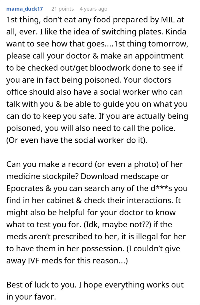 Comment advising caution about possible poisoning by MIL, suggesting medical checks and documenting suspicious behavior for safety. Comment advising caution about possible poisoning by MIL, suggesting medical checks and documenting suspicious behavior for safety.