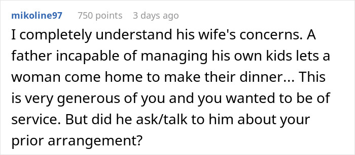 Comment discussing a woman helping a struggling coworker while addressing concerns about family and prior arrangements. Comment discussing a woman helping a struggling coworker while addressing concerns about family and prior arrangements.