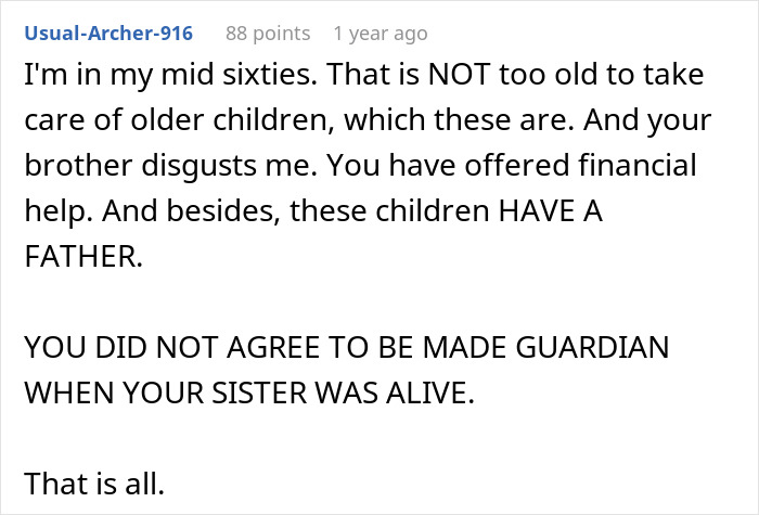 Alt text: Screenshot of a Reddit comment discussing family guardianship and responsibilities after a late sister’s dying wish involving children. Alt text: Screenshot of a Reddit comment discussing family guardianship and responsibilities after a late sister’s dying wish involving children.