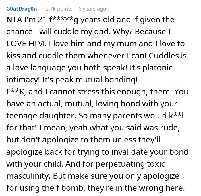 Screenshot of a Reddit comment defending platonic cuddling and mutual bonding between a 15-year-old and her dad.