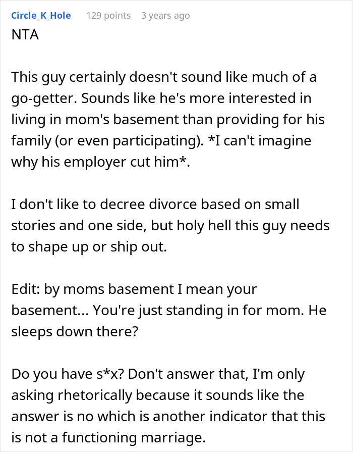 Comment discussing husband refusing to work or help out, highlighting issues with the man cave and family support.