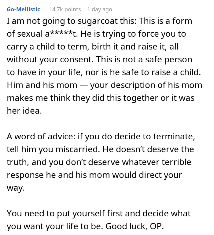 Comment discussing boyfriend tampering with girlfriend’s birth control and the impact of forced pregnancy without consent. Comment discussing boyfriend tampering with girlfriend’s birth control and the impact of forced pregnancy without consent.