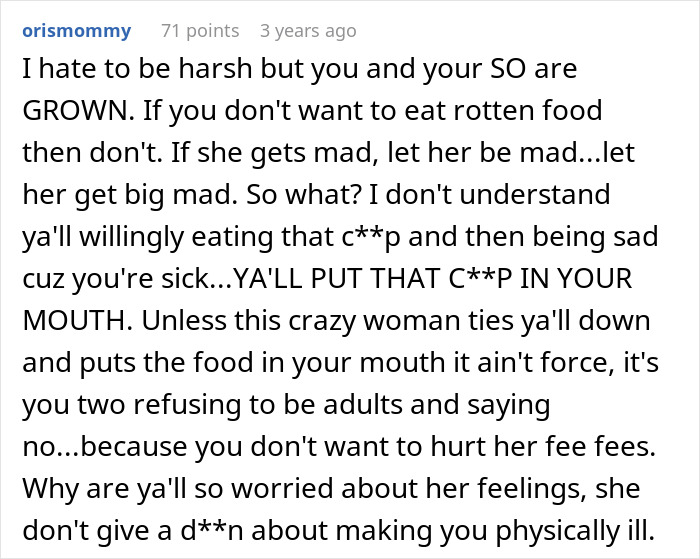 Comment discussing cheap MIL feeding spoiled food to son and his girlfriend, bullying them into eating it online.