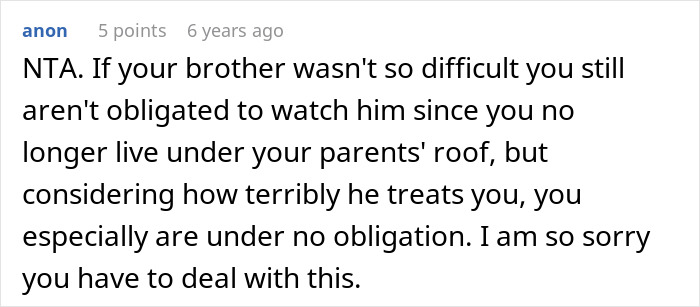 Screenshot of a discussion about a woman dealing with her difficult teen brother and refusing to babysit him.