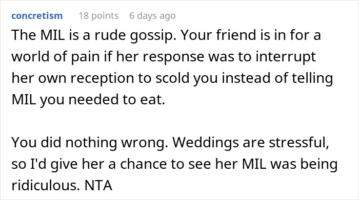 Screenshot of a forum comment discussing drama when a couple can&rsquo;t accommodate friend&rsquo;s diet at the wedding.