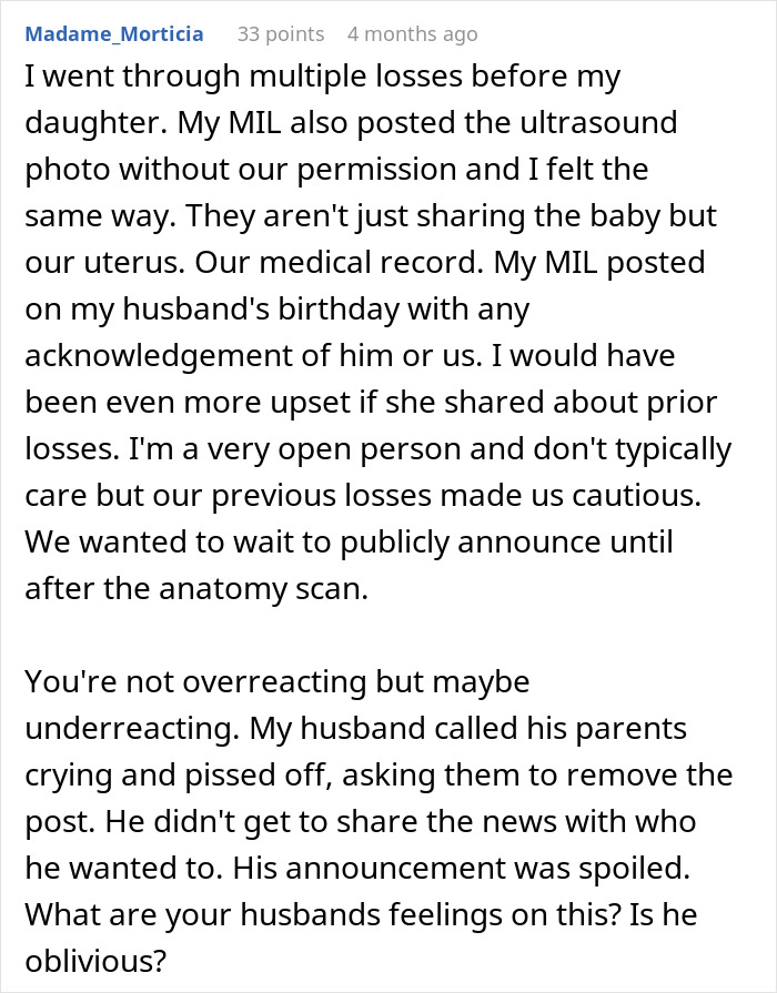 Screenshot of a forum post where a woman shares how her MIL hijacked pregnancy news by posting an unauthorized ultrasound.