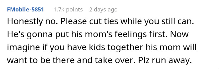 Screenshot of a forum comment advising to cut ties as man lashes out at fianc&eacute;e after family dress shopping without her.