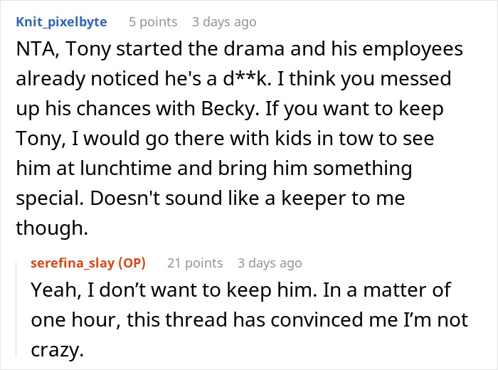 Alt text: Reddit users discuss man&rsquo;s worries about wife&rsquo;s petty drama affecting job and marriage in a comment thread.
