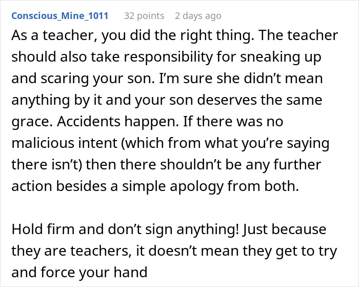 Comment discussing a teacher scaring a student and the consequences faced, with a focus on responsibility and suspension.
