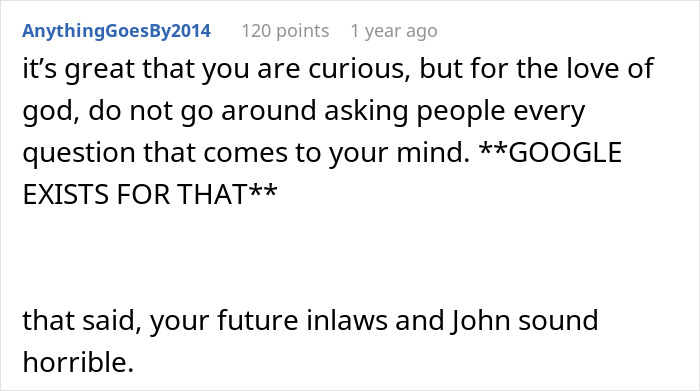 Screenshot of a Reddit comment describing a future mother-in-law calling bride-to-be stupid and fianc&eacute; laughing along.