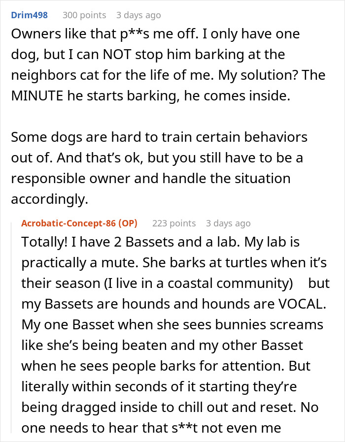 Comments discussing dog owners teaching rude behavior lessons and respecting neighbors by managing barking dogs responsibly.