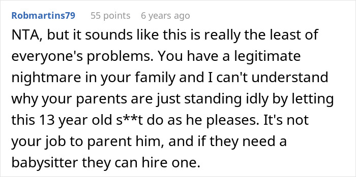 Alt text: Screenshot of a comment discussing a woman&rsquo;s teen brother being a nightmare and parents expecting babysitting help.