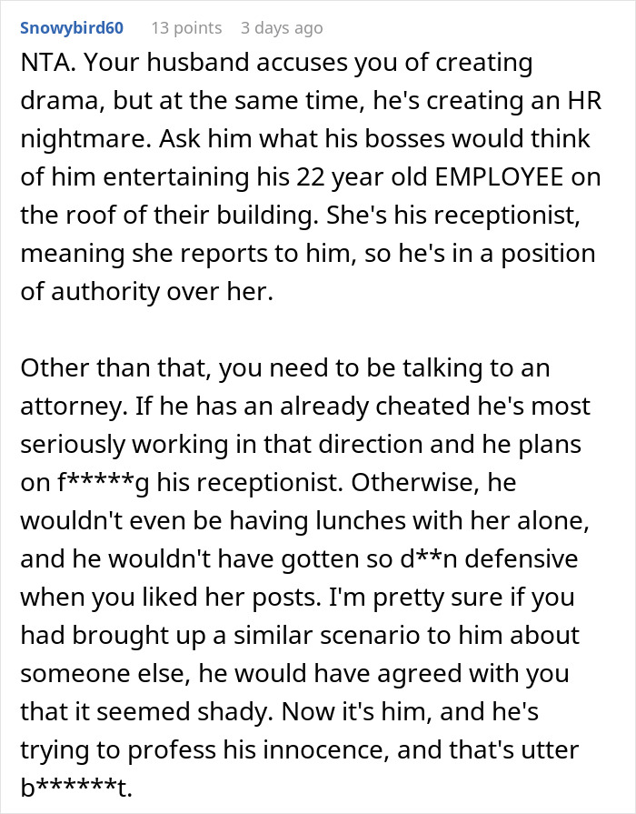 Man worries wife&rsquo;s petty drama might cost him his job, causing tense conversation about employee and HR risks.