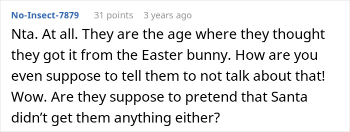 Comment discussing kids talking about Easter gifts and a SIL&rsquo;s strong reaction over keeping daughters in line.