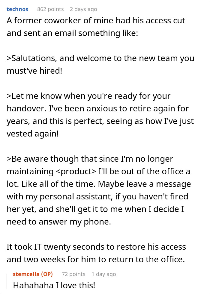 Text post showing an engineer&rsquo;s humorous email after HR revoked software access, prompting HR to relent and restore it.