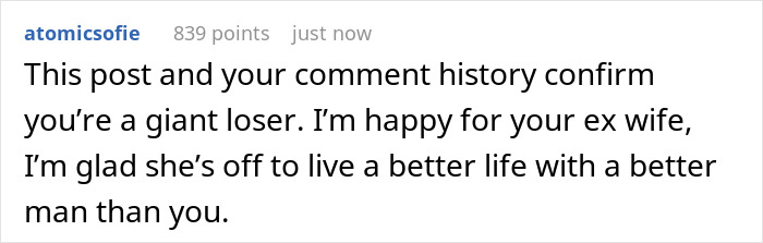 Screenshot of a Reddit comment where a user calls another a loser and wishes better life for his ex wife.