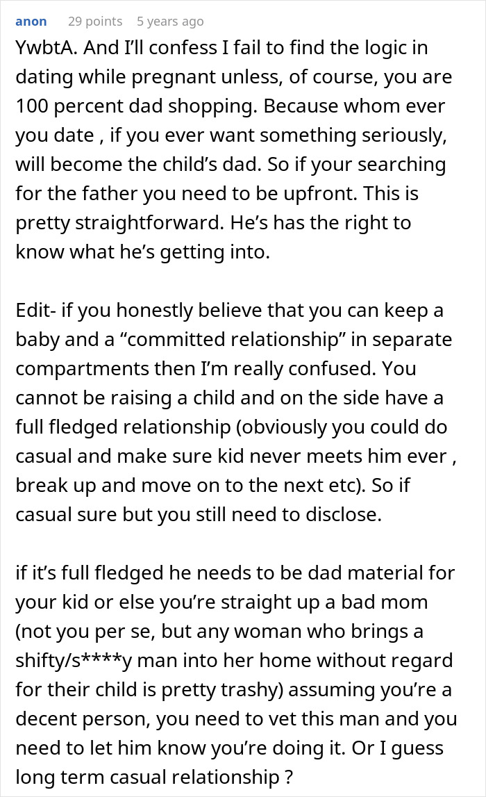 Comment discussing a woman debating hiding artificial insemination plans from a date and parenting responsibilities.