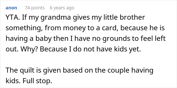 Online comment explains mother-in-law refusing family quilt for childfree woman upset about being left out. Online comment explains mother-in-law refusing family quilt for childfree woman upset about being left out.