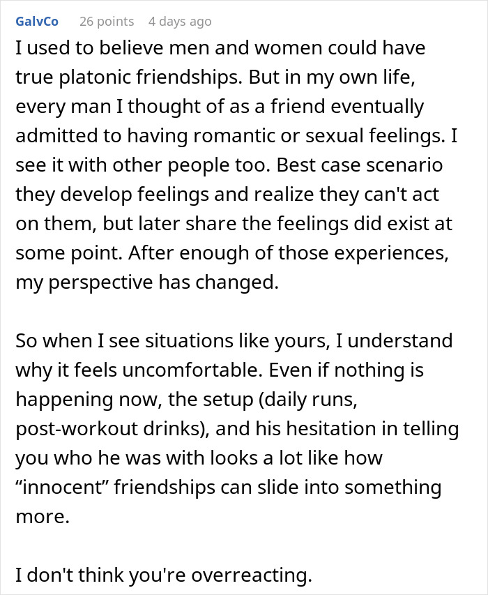 Text comment discussing boundaries and feelings in friendships after husband goes running with divorced mom, questioning relationships.