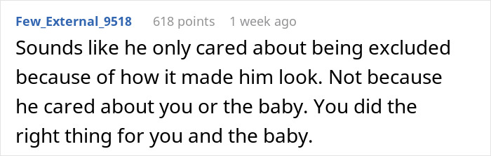 Comment discussing a husband who called his pregnant wife disgusting and then ignored the baby after confrontation.