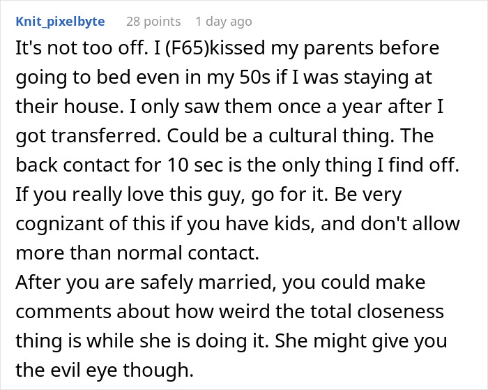 ALT text: Woman feels uncomfortable with boyfriend being affectionate with his mom, questioning if she is overthinking this situation