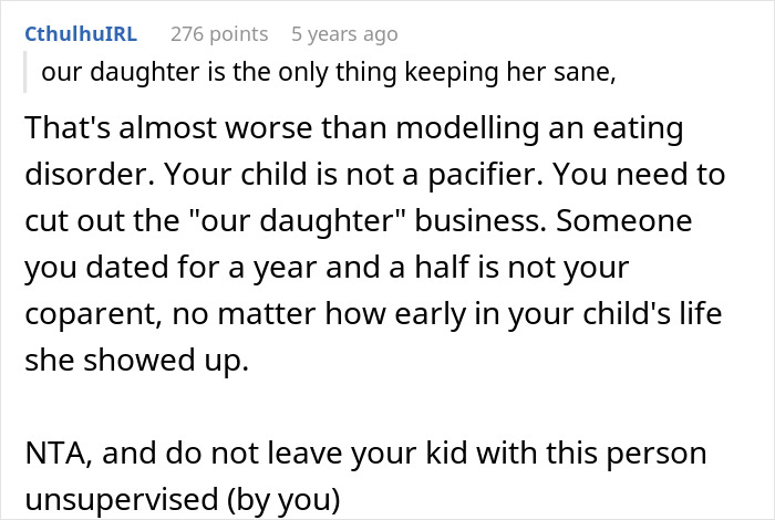 Commenter criticizes modeling an eating disorder, warns against leaving child unsupervised with ex, highlighting eating disorder concerns.