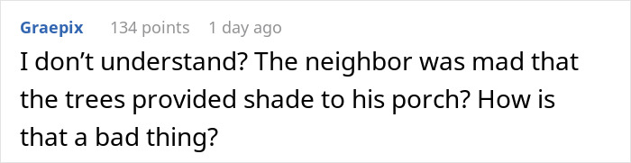 Screenshot of an online comment discussing neighbor cutting down white oak trees without permission and related dispute.