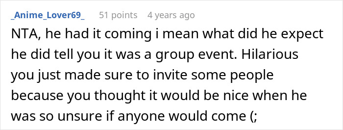 Comment from a user sharing a petty response to a creepy coworker about a group event invitation.
