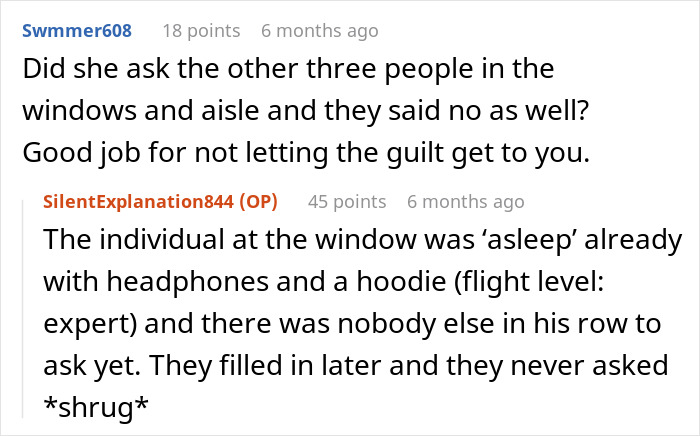 Screenshot of a Reddit conversation about a woman refusing to give up her plane seat and enjoying a guilt-free nap.