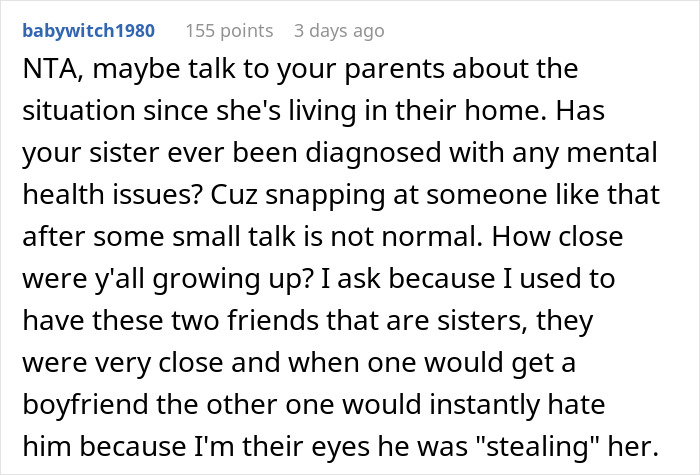 Reddit comment discussing a woman forbidding her brother-in-law from talking to her despite seeing her nephew less.