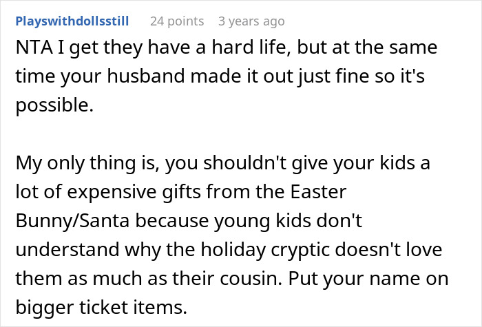 Comment discussing keeping daughters in line after kids talk about Easter gifts and family gift expectations.