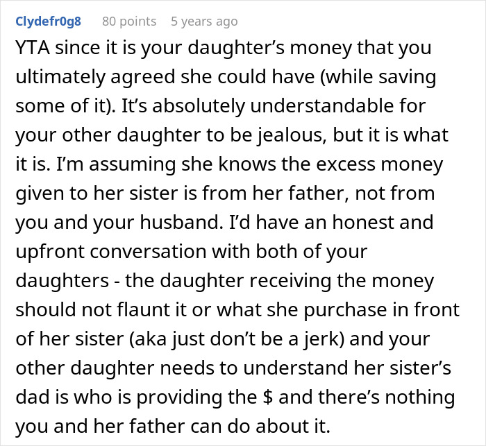 Screenshot of an online comment discussing mom telling daughter not to buy expensive items to keep fairness between siblings.
