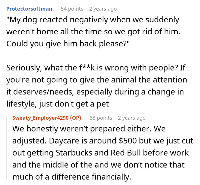 Reddit comments discussing a woman leaving a dog in shelter and trying to get him back after adoption involving police.