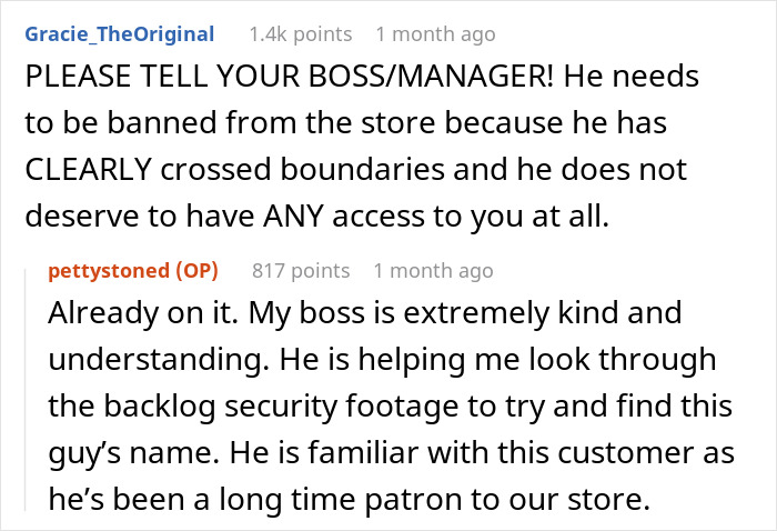 Comments exchange discussing a stalker customer found home and efforts to review security footage to identify him.