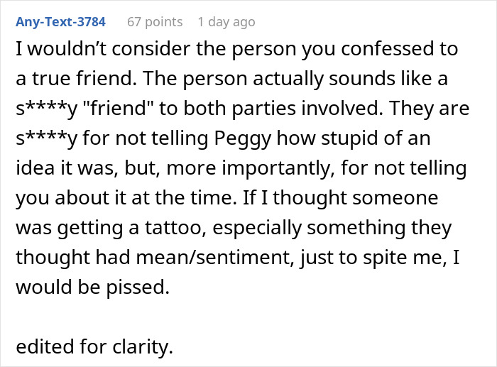 Comment text discussing personal feelings about a lying pick me girl tattoo inspiration and friendship issues.