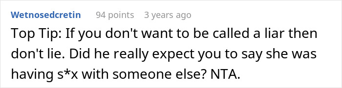 Comment discussing a shallow man lying about his wife cheating to cover her weight gain and getting mad when exposed.