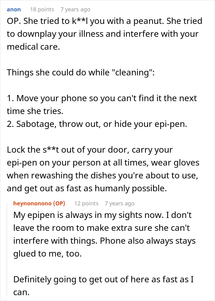 Text conversation discussing a woman&rsquo;s anaphylactic shock, sabotage of her epi-pen, and precautions to stay safe from her MIL.