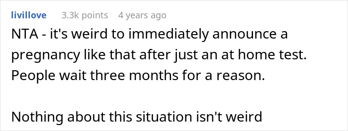 Reddit comment discussing the awkwardness of a woman's dramatic pregnancy reveal after taking the wrong test. Reddit comment discussing the awkwardness of a woman's dramatic pregnancy reveal after taking the wrong test.