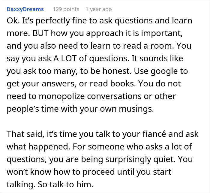 Reddit comment advising a bride-to-be to communicate with her fianc&eacute; after being called stupid by her future mother-in-law.