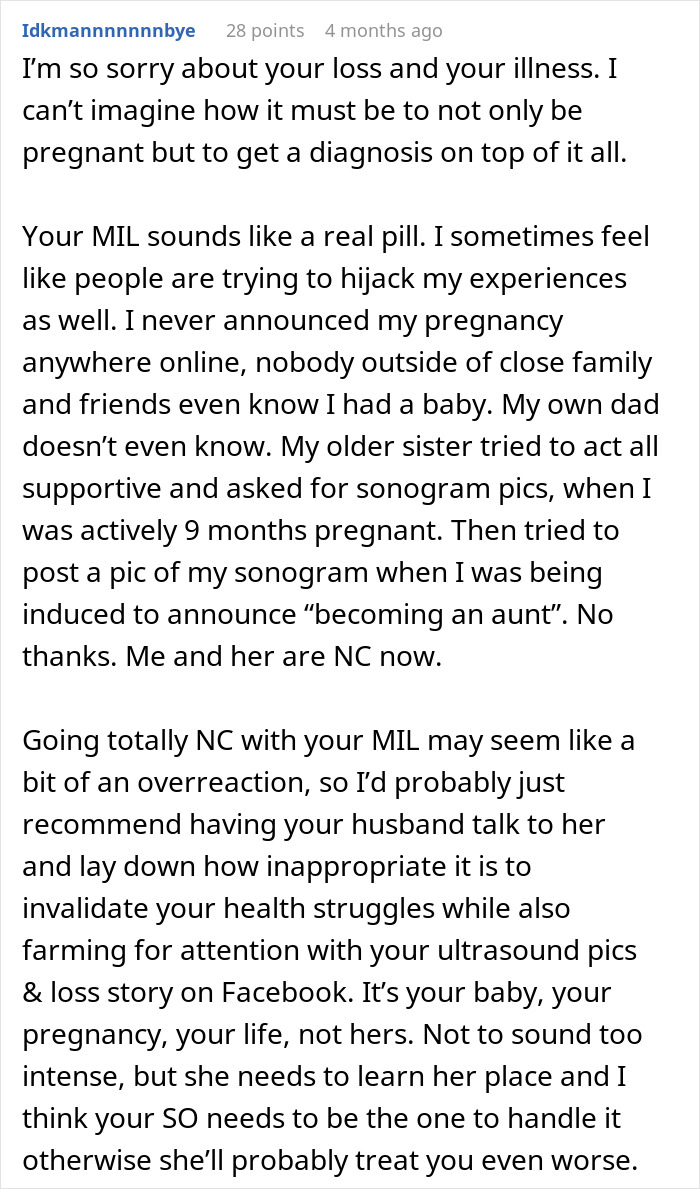 Screenshot of a Reddit comment discussing a woman&rsquo;s MIL hijacking her pregnancy and posting ultrasound pictures online.