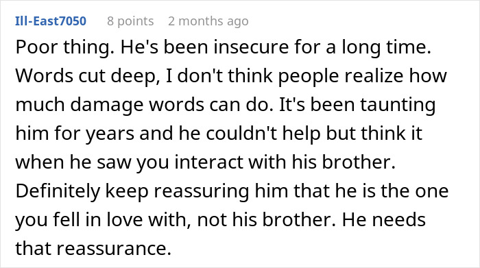 Screenshot of an online comment discussing insecurity and reassurance related to a man and his twin brother.
